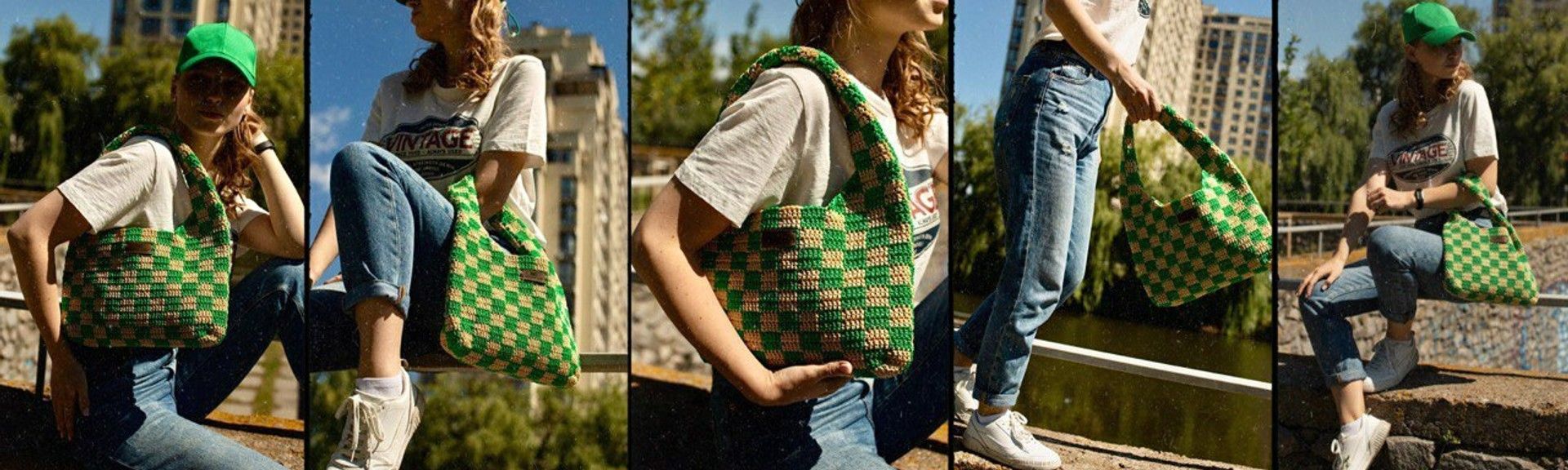 В'язана сумка в зелено-бежеву клітинку ручної роботи з джуту та поліефірного шнура